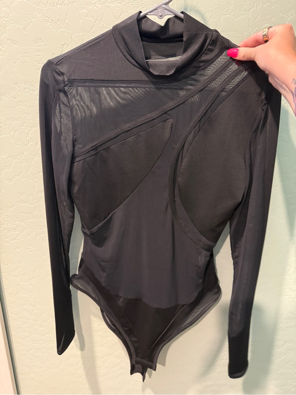 Black Sheer Panel Long Sleeve Bodysuit